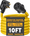 10ft NEMA TT-30P to L14-30R Generator Transfer Switch Adapter Cord | 30 Amp 3 Prong to 4 Prong Generator to House
