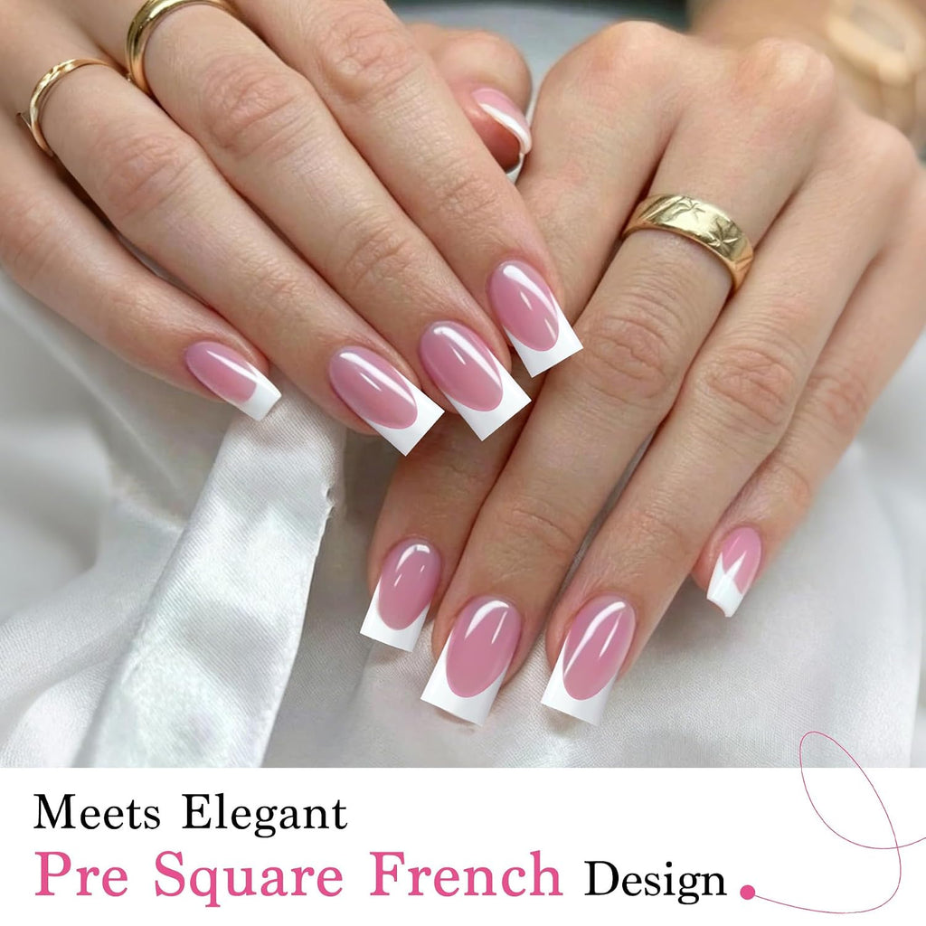 Deep Pink French Tip Press On Nails 150 Pcs Short Square