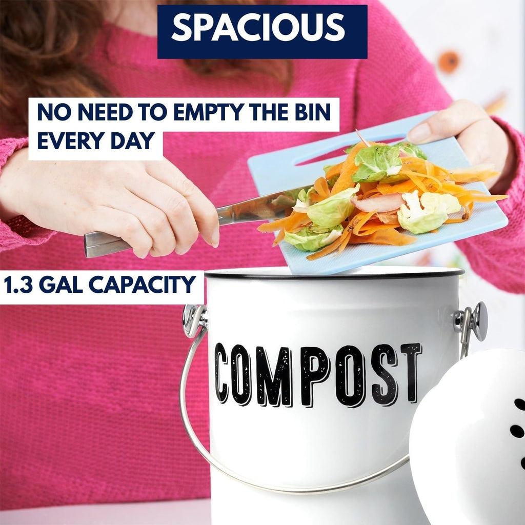 Compost Bin Kitchen Counter, 1.3 Gallon, 3 Charcoal Filters | Countertop Composter Pail with Lid, Stainless Steel