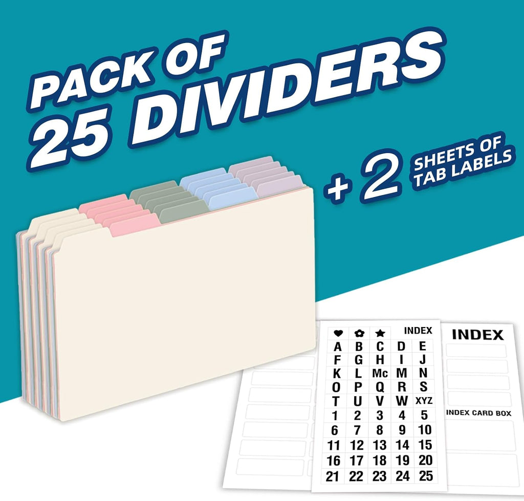 5"x8" Plastic Index Card Dividers, Pastel Colors, 25 Pack | Heavyweight, A-Z, Made of Polypropylene, Alphabetical