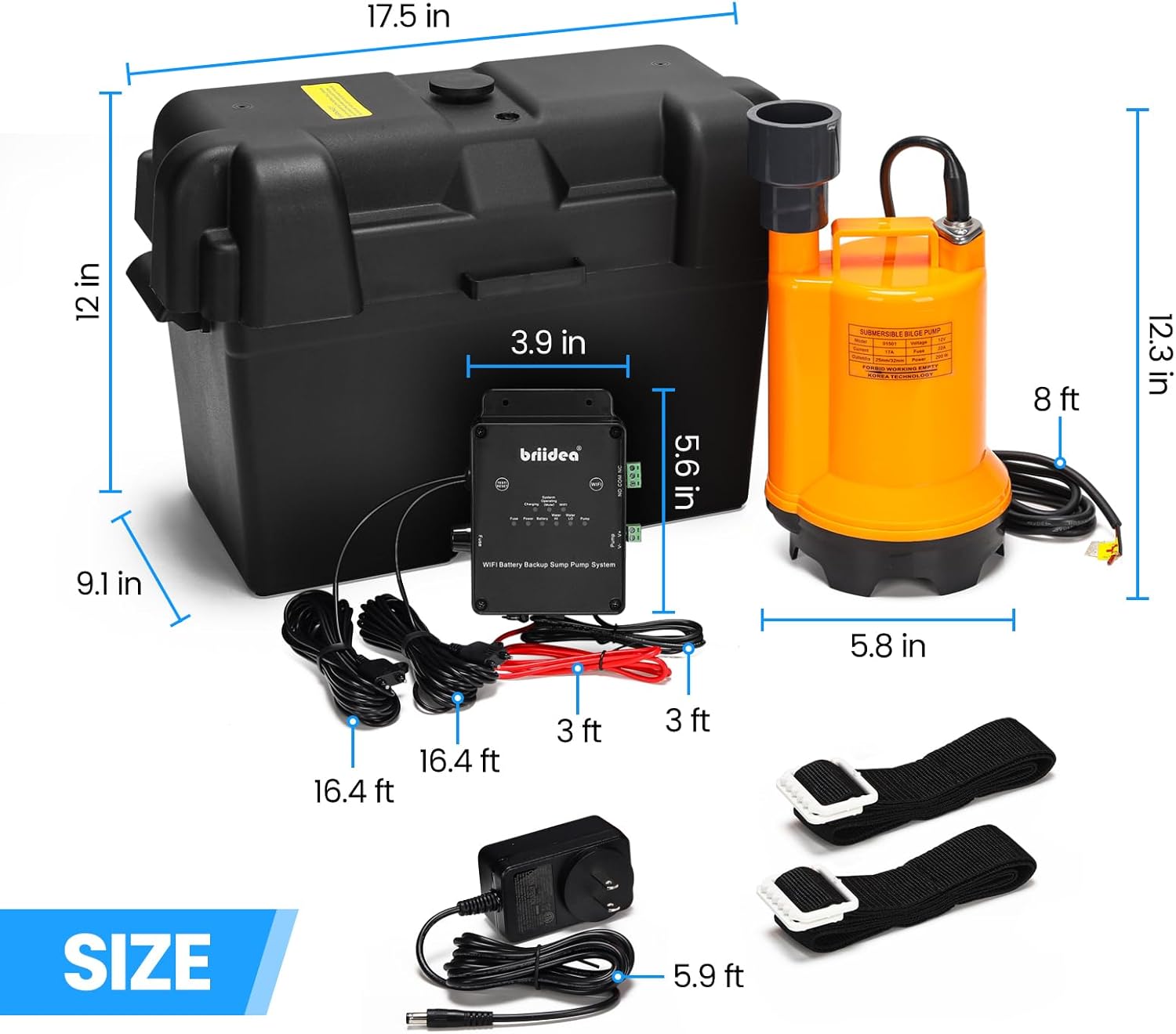 Battery Backup Sump Pump System for Basement, 12V Battery Compatible (Battery Not Included), Dual 2.4G/5G WiFi