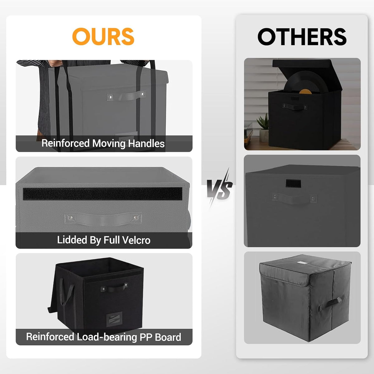 Set of 3 Stackable Vinyl Record Storage Boxes - Non-Woven LP Record Holder Crates with Lids, Handles & Label Slots