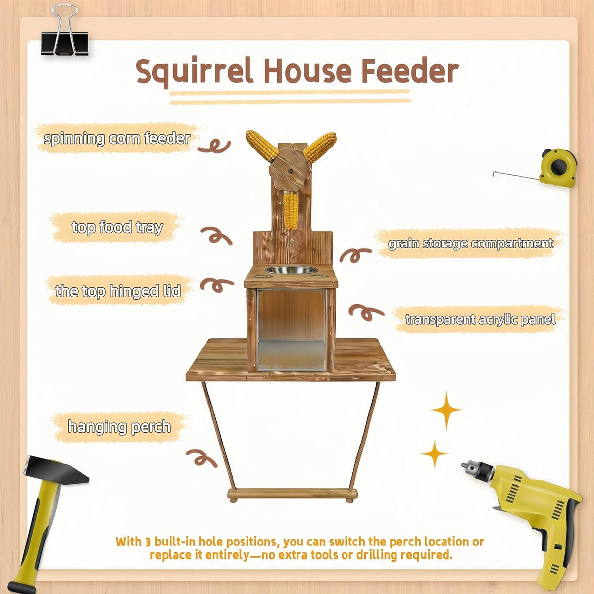 Multifunctional Squirrel Feeder with 3 Ears Spinner Corn Cob Holder