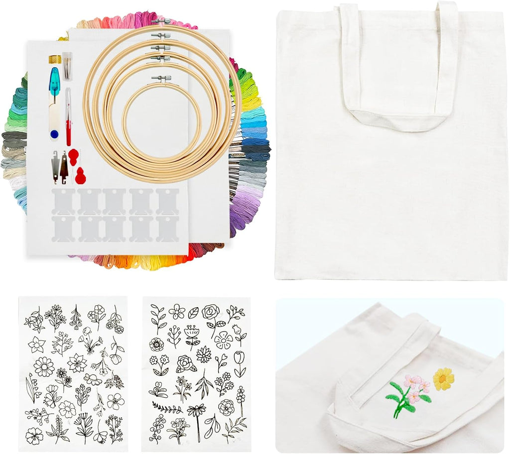 256PCS Complete Embroidery Kit with Canvas Bag,2 Sticky Water Soluble Paper Stabilizers with 50 Patterns, 100