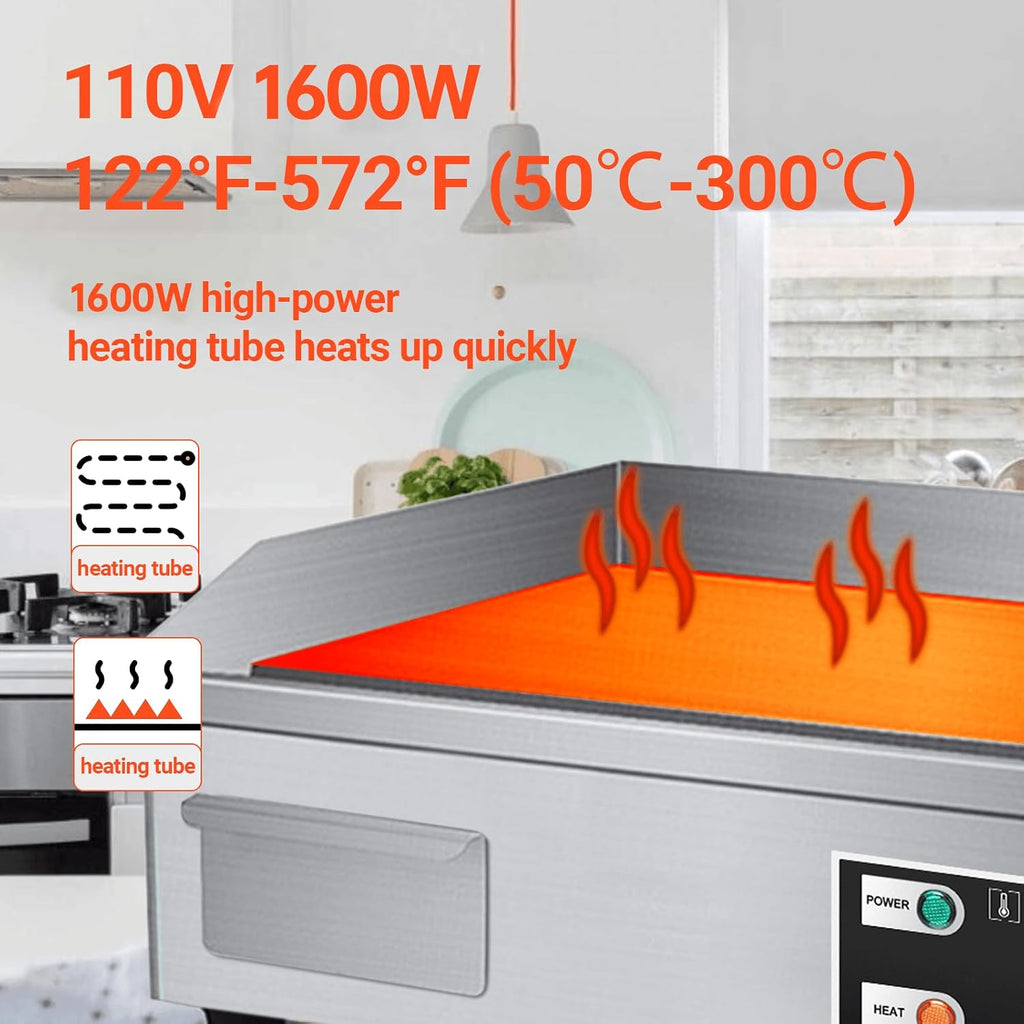 22" Electric Countertop Flat Top Griddle Grill 1600W 110V