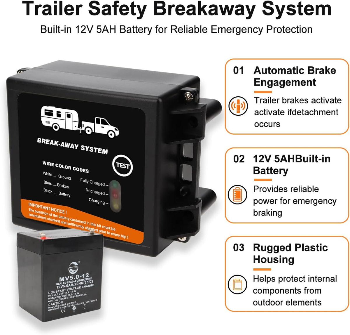 Trailer Brakes Breakaway Kit with Charger, Side Load Break-Away Controller System with Switch and LED Indicator