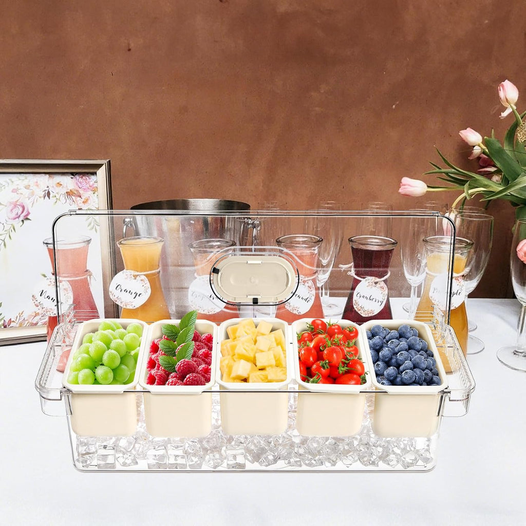 Large Ice Chilled Condiment Server with Lid, 5 Compartment Chilled Condiment Caddy, Taco Bar Serving Tray, Garnish