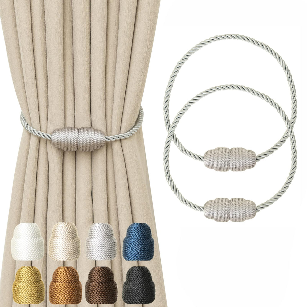 Magnetic Curtain Tiebacks - Rope Tiebacks for Curtains & Drapes, Decorative Window Holdbacks, Grey (2 Pack)