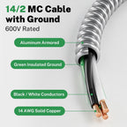 FIRMERST 14/2 MC Cable with Ground, 100 FT, Solid Copper, Armored, 600V