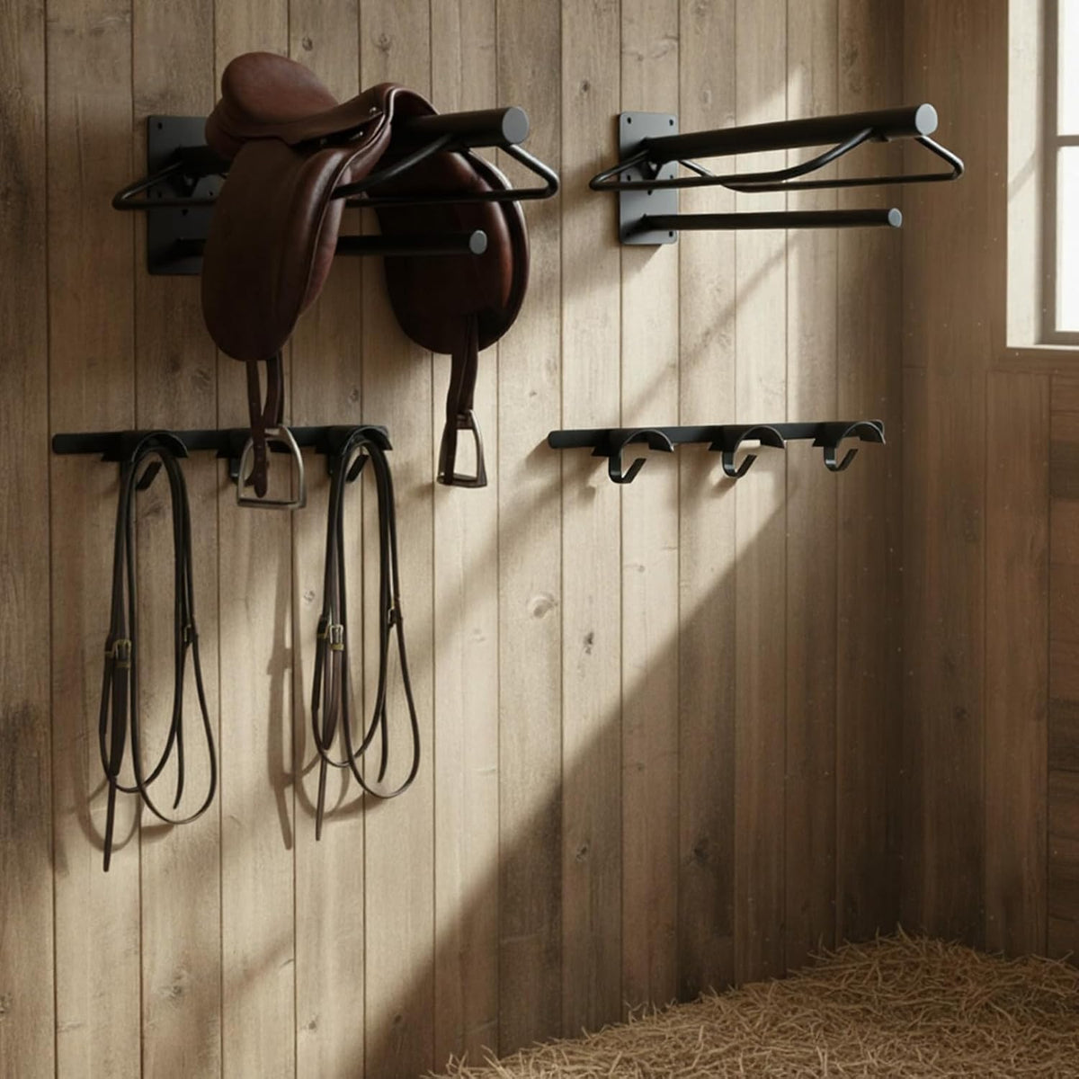 4 Pcs Saddle Rack Wall Mount with Pad Bar Horse Tack Bridle Hooks Detachable Saddle Stand Metal Horse Bridle Rack