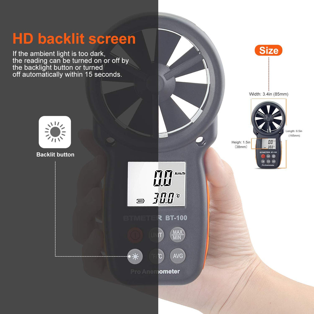 BT-100 Handheld Anemometer, Digital Wind Speed CFM Meter Gauge Air Flow Velocity Tester for HVAC Shooting Drone, Wind