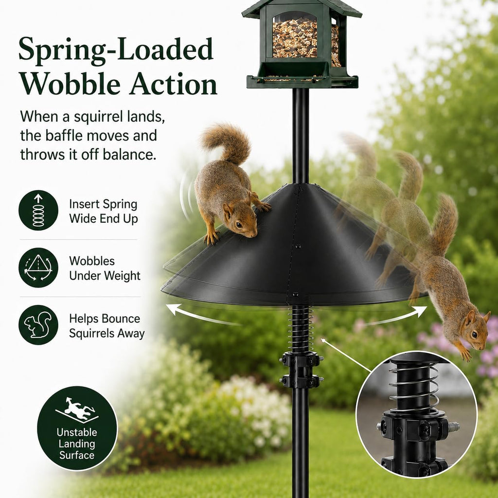 Metal Squirrel Baffle with Spring Swing for Bird Feeder Pole, Fits 1/2"-1"