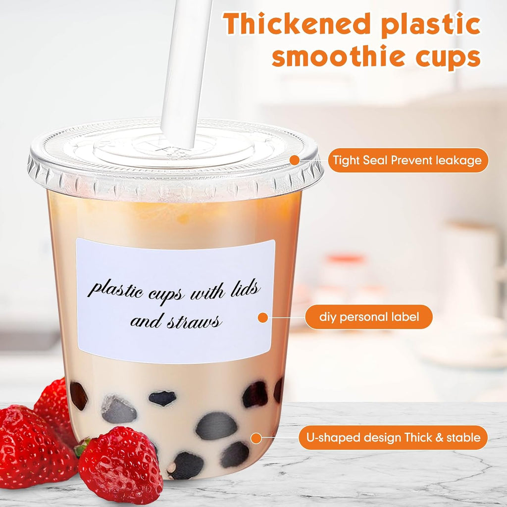 25 Sets Clear Plastic Cups with Lids, Straws and Stickers,14 oz