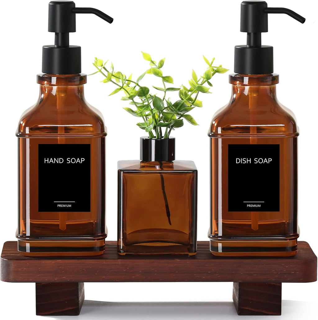 Modern Kitchen Soap Dispenser Set with Wood Tray, Amber Glass Soap Dispensers with Pump, Decorative Hand and Dish