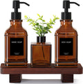 Modern Kitchen Soap Dispenser Set with Wood Tray, Amber Glass Soap Dispensers with Pump, Decorative Hand and Dish