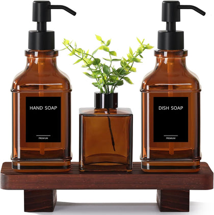 Modern Kitchen Soap Dispenser Set with Wood Tray, Amber Glass Soap Dispensers with Pump, Decorative Hand and Dish