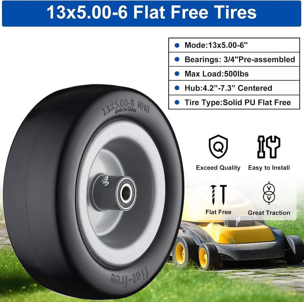 13x5.00-6 Flat Free Tire and Wheel Lawn Mower Tires Gray | Zero Turn Mower Tires with 3/4", 5/8" and 1/2" Bearings