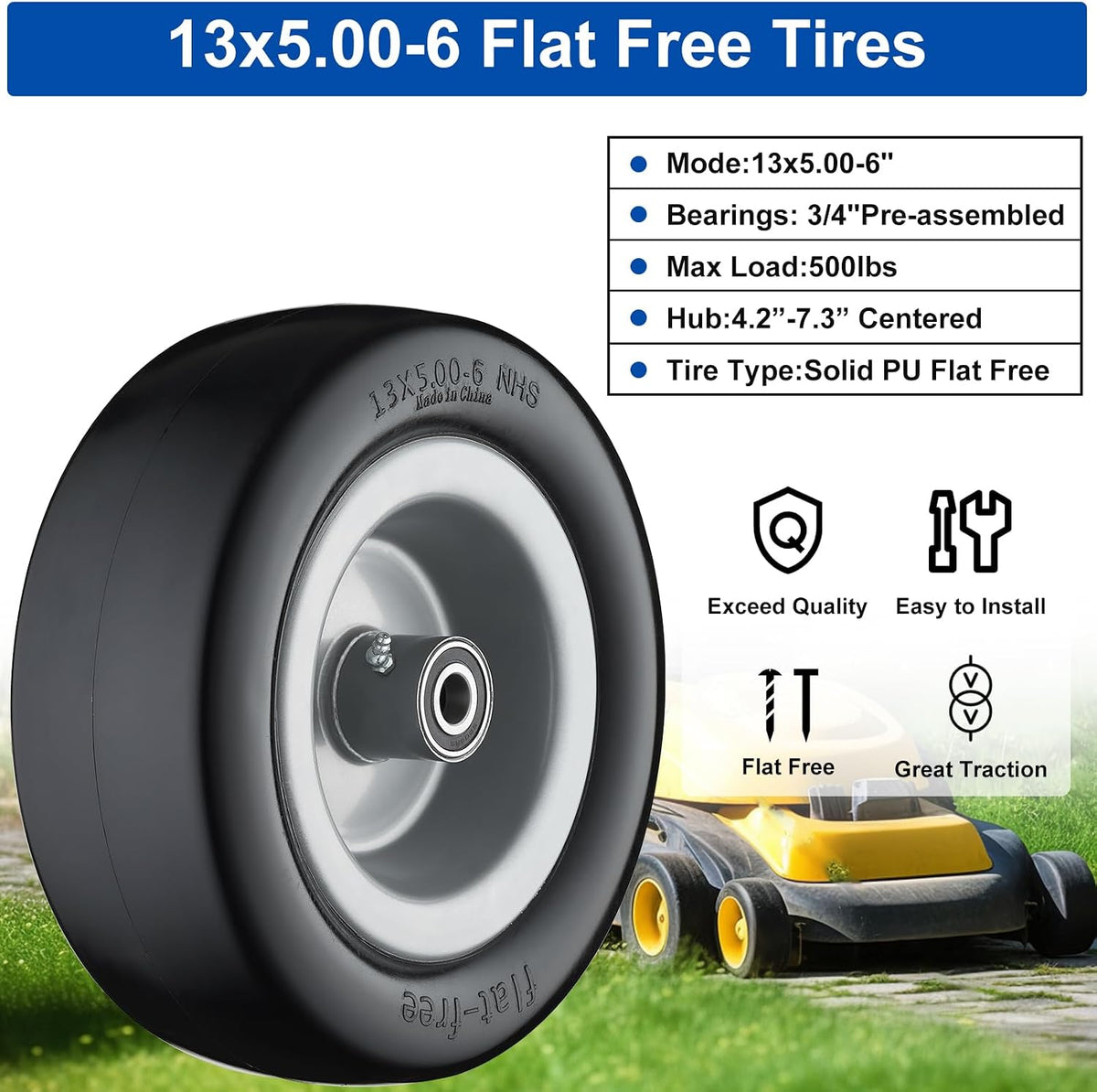 13x5.00-6 Flat Free Tire and Wheel Lawn Mower Tires Gray | Zero Turn Mower Tires with 3/4", 5/8" and 1/2" Bearings