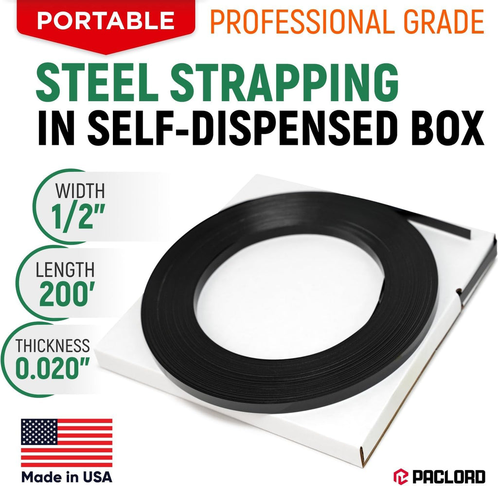 1/2" x 200' Heavy-Duty Steel Strapping in Portable Self-Dispensed Box, 0.020" Thick, 1180 Lbs Break Strength - Pallet