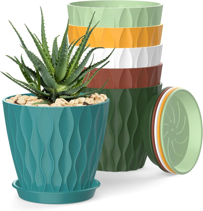 4 Inch Plant Pots, 6 Pack Indoor Flower Pots, Planters with Drainage Holes and Trays for Orchids, Violets