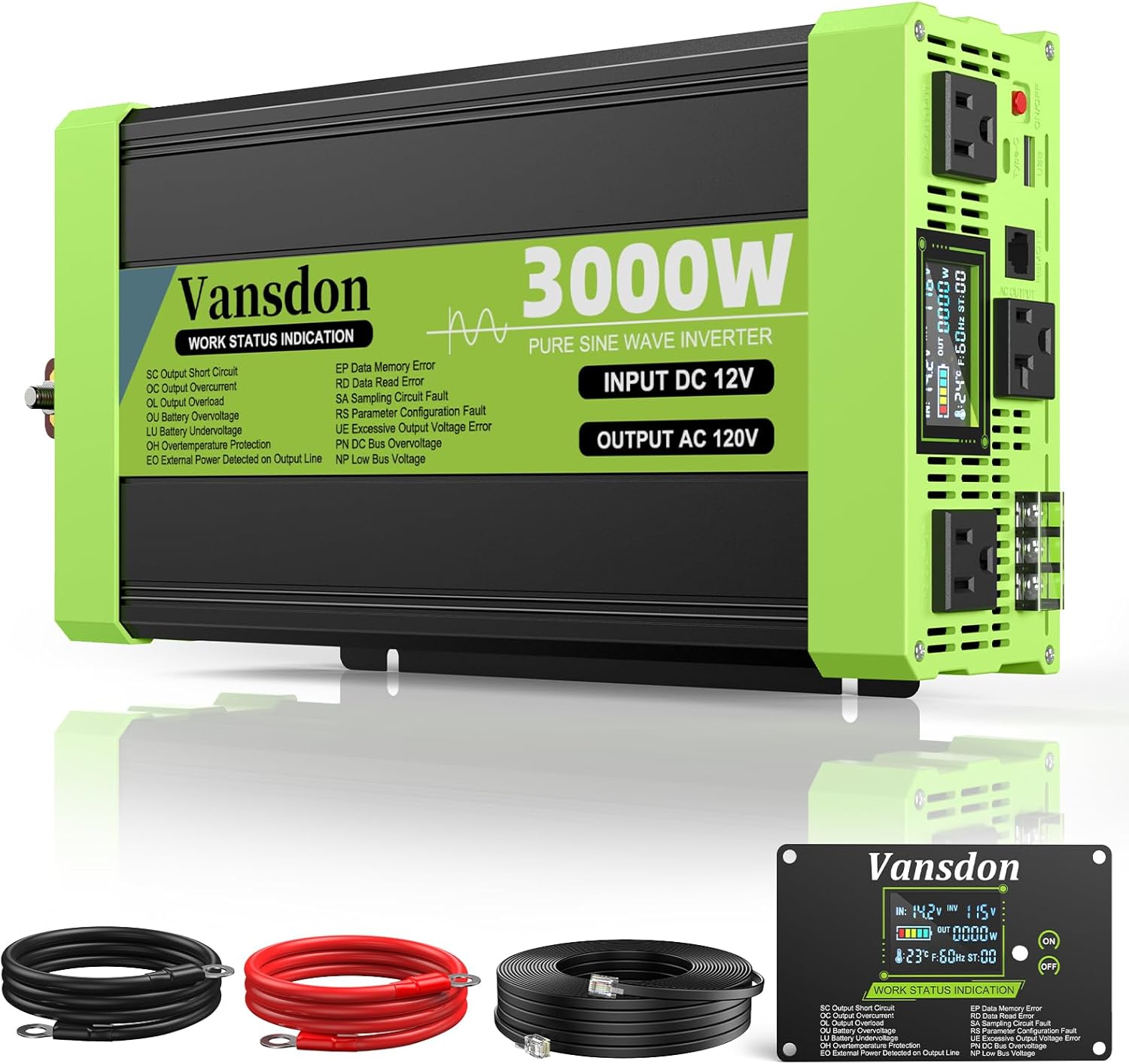 3000W Pure Sine Wave Inverter 12V DC to 120V AC Power Inverters for RV,Truck, Solar, Home, Off-Grid, Car with LCD