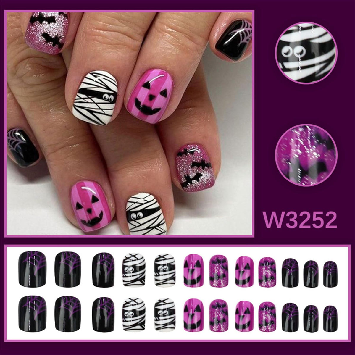 6 Sets(144Pcs) Halloween Press On Nails Short Square Fake Nails, Cute Ghost