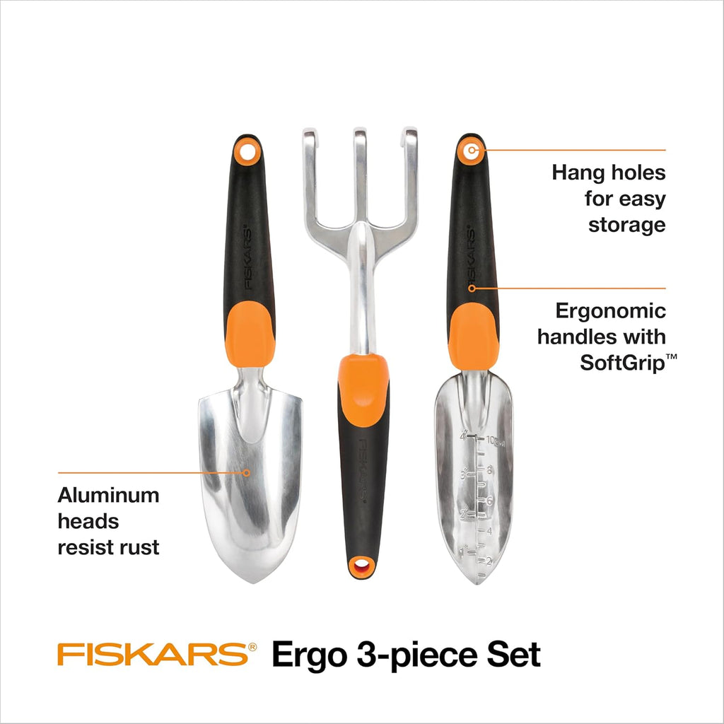 Fiskars 3-in-1 Garden Tool Set, Polished Cast-Aluminum Heads for Rust Resistance, Heavy-Duty Trowel, Transplanter &