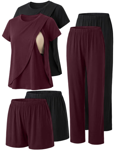 6 PCS Maternity Pajamas Nursing 2 Set Postpartum Breastfeeding Short Sleeve Shirts, Pregnancy Shorts & Pants