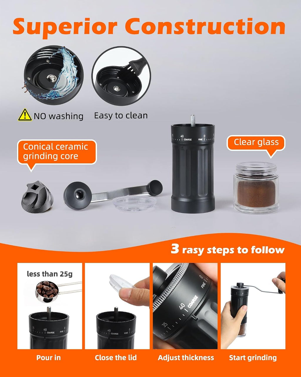 Manual Coffee Grinder With Ceramics Burr For Espresso,French Press,40 Adjustable Settings,Portable Hand Coffee Bean