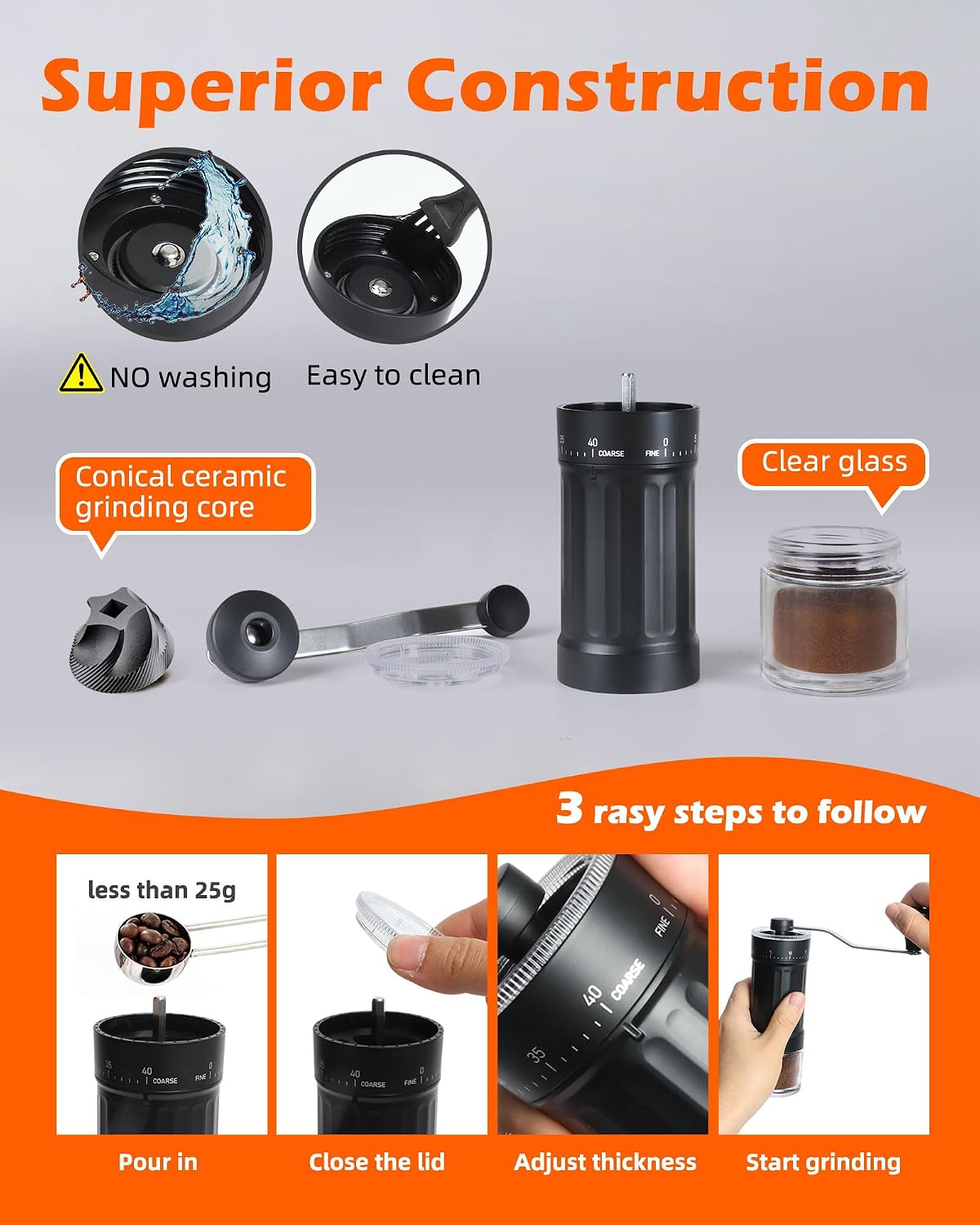 Manual Coffee Grinder With Ceramics Burr For Espresso,French Press,40 Adjustable Settings,Portable Hand Coffee Bean