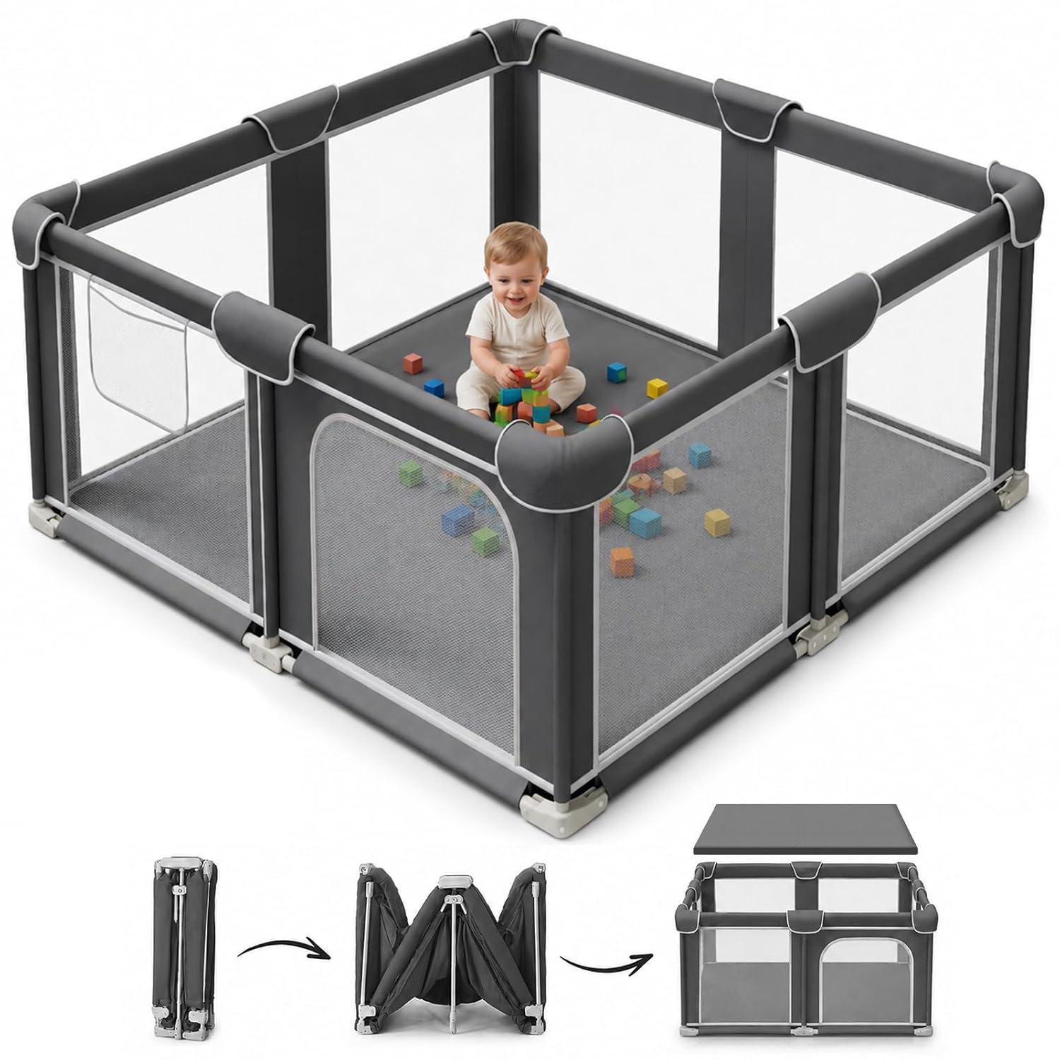 Foldable Playpen for Babies and Toddlers, 50"x50" Portable Play Yard with Mat, Kids Collapsible Play Pen with Sturdy