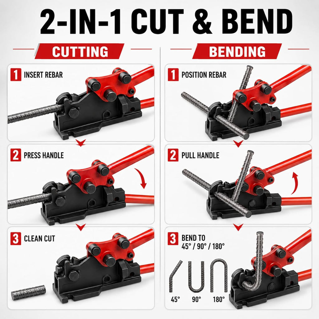 Manual Rebar Bender and Cutter, 2-in-1 Tool for Up to 5/8 Inch Rebar | Heavy Duty Removable Metal Shears and Bending