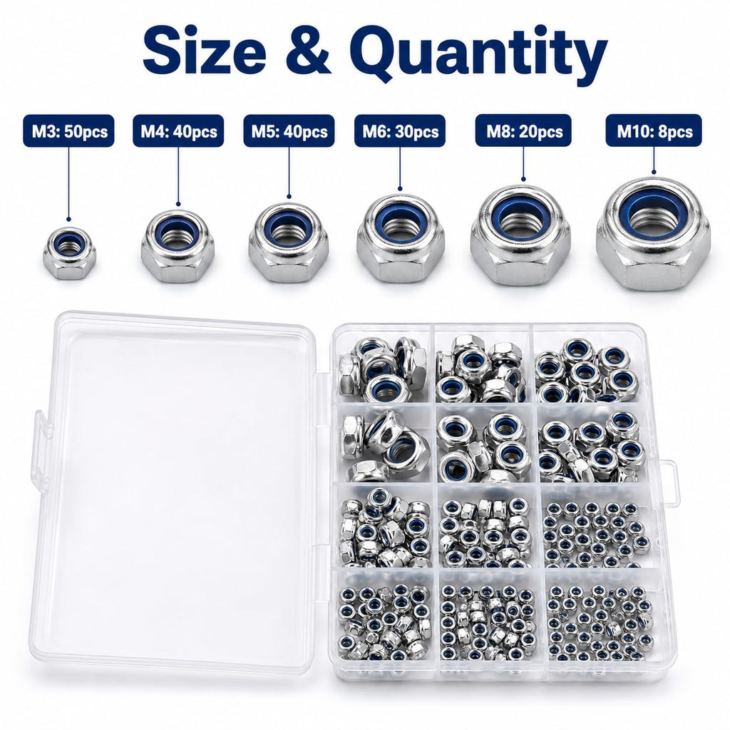 188PCS Metric Nylon Insert Lock Nuts Kit, M3 M4 M5 M6 M8 M10