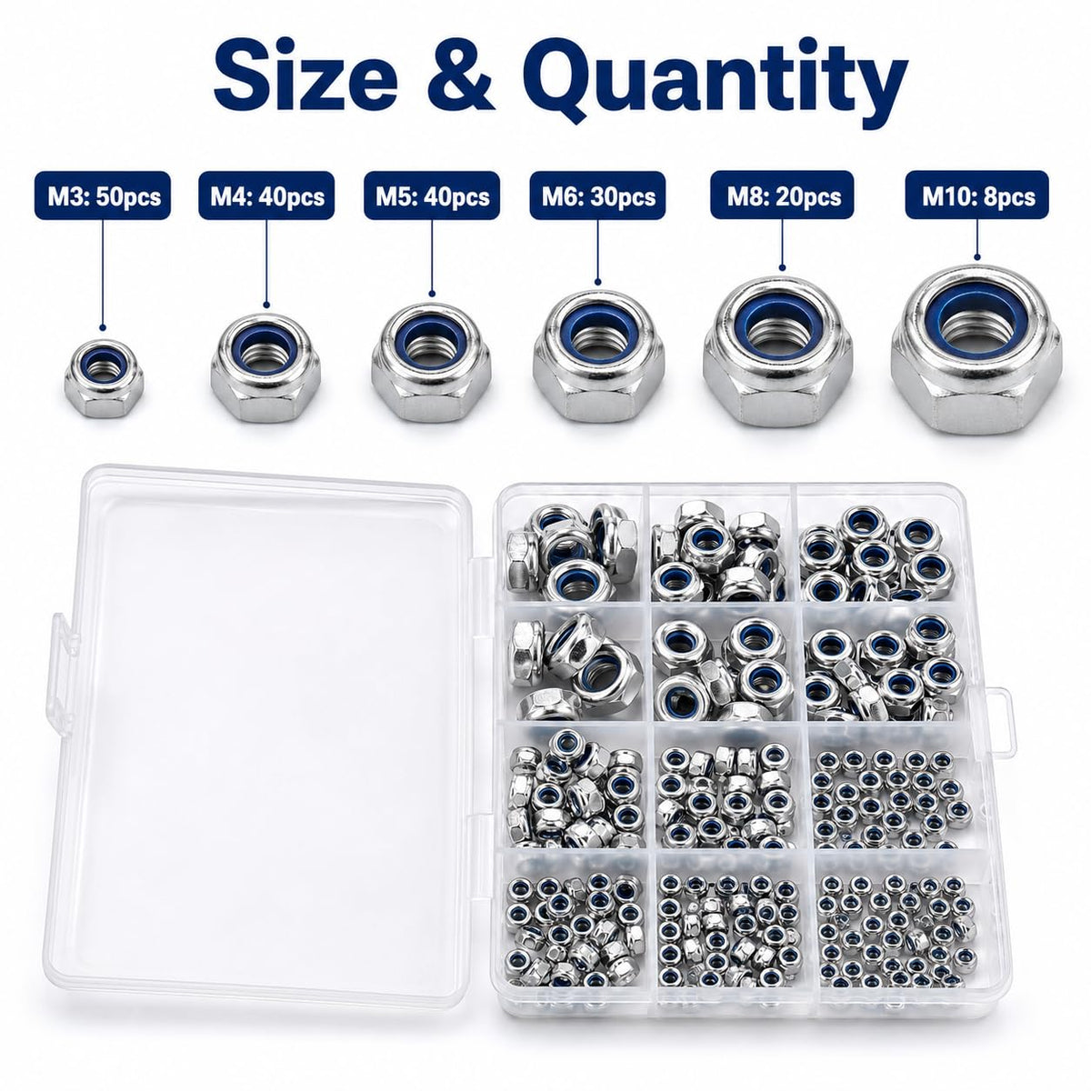 188PCS Metric Nylon Insert Lock Nuts Kit, M3 M4 M5 M6 M8 M10