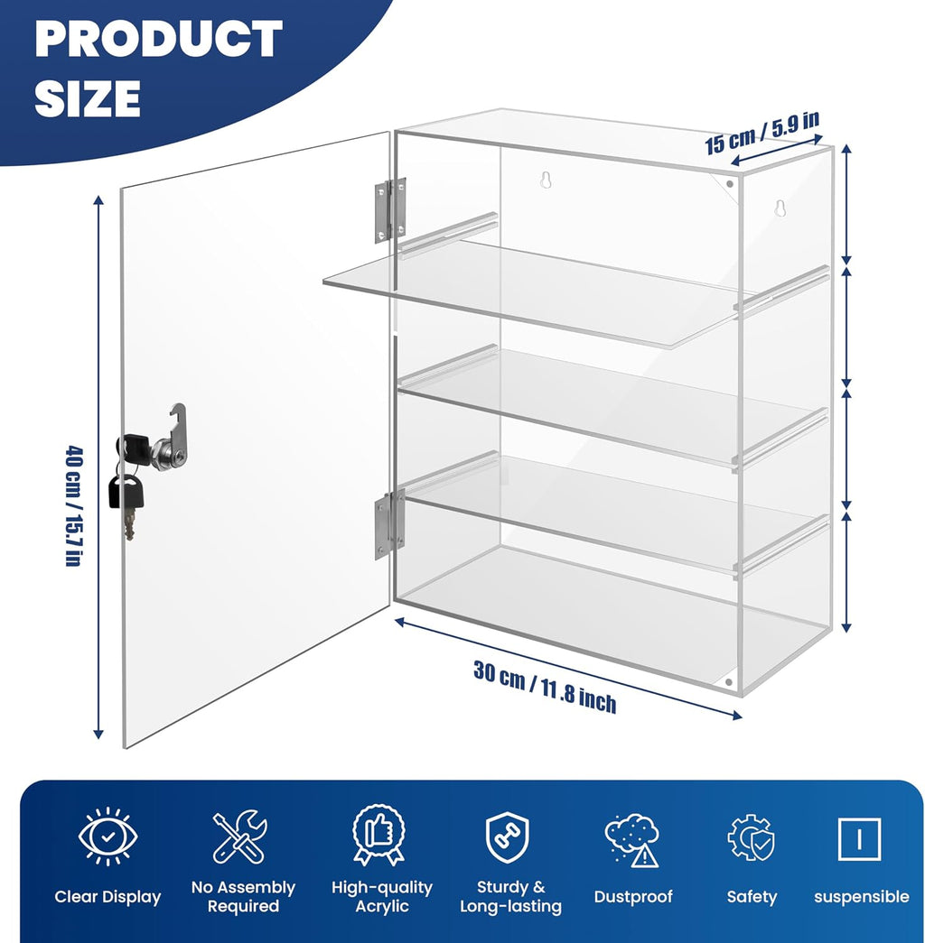 Acrylic Display Case with Lock Key, Removable 4-Tier Clear Acrylic Display Case with Shelves, Locking Countertop