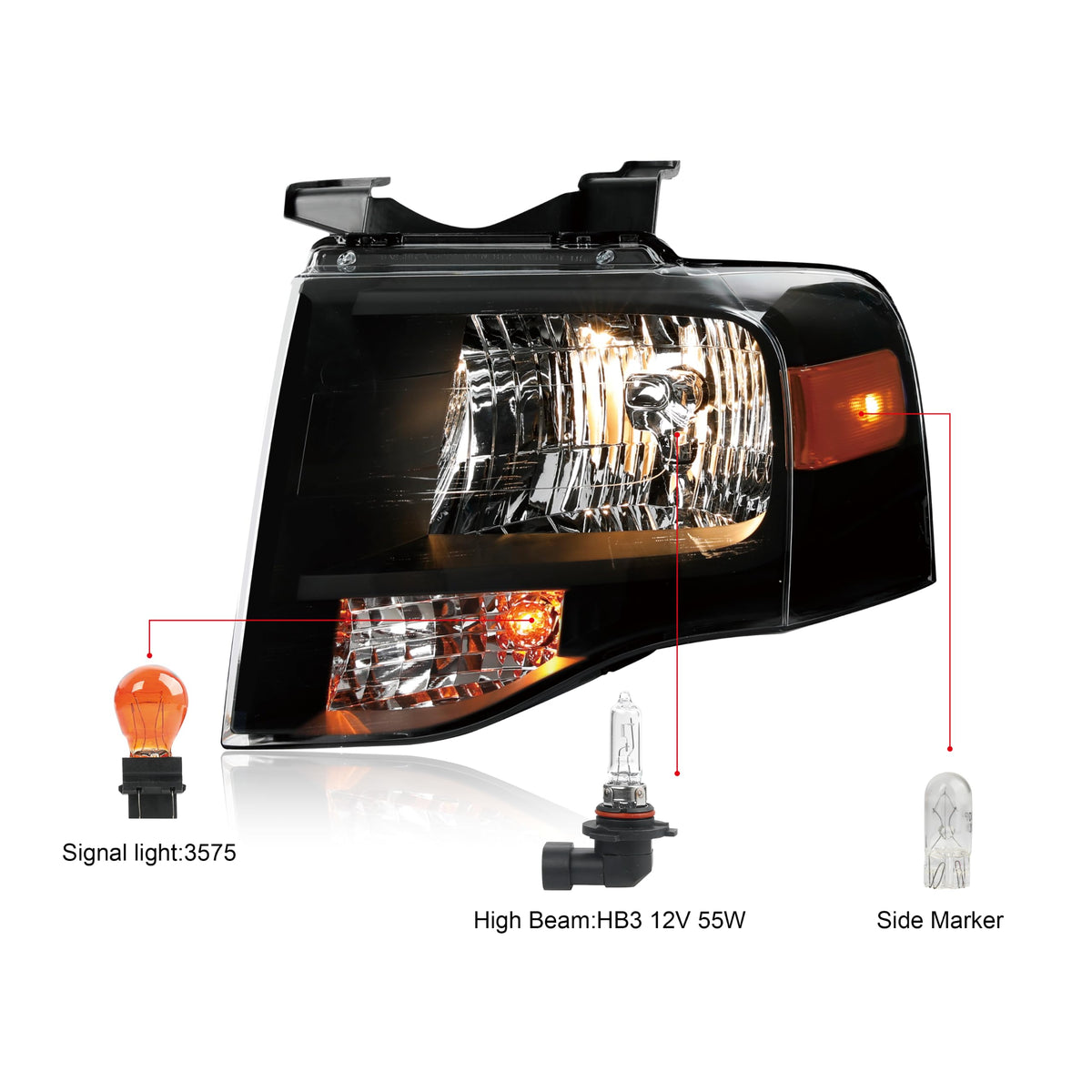 Pair Black Headlights Compatible with 2007-2014 Ford Expedition