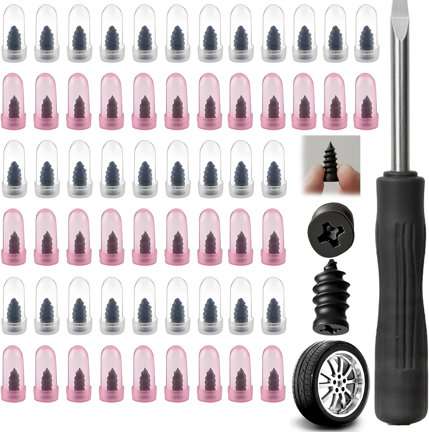 Tire Repair Rubber Nail Kit with 2 Sizes, Screw in Tire Plugs Rubber Screws, Tire Repair Screws for Tubeless Tires