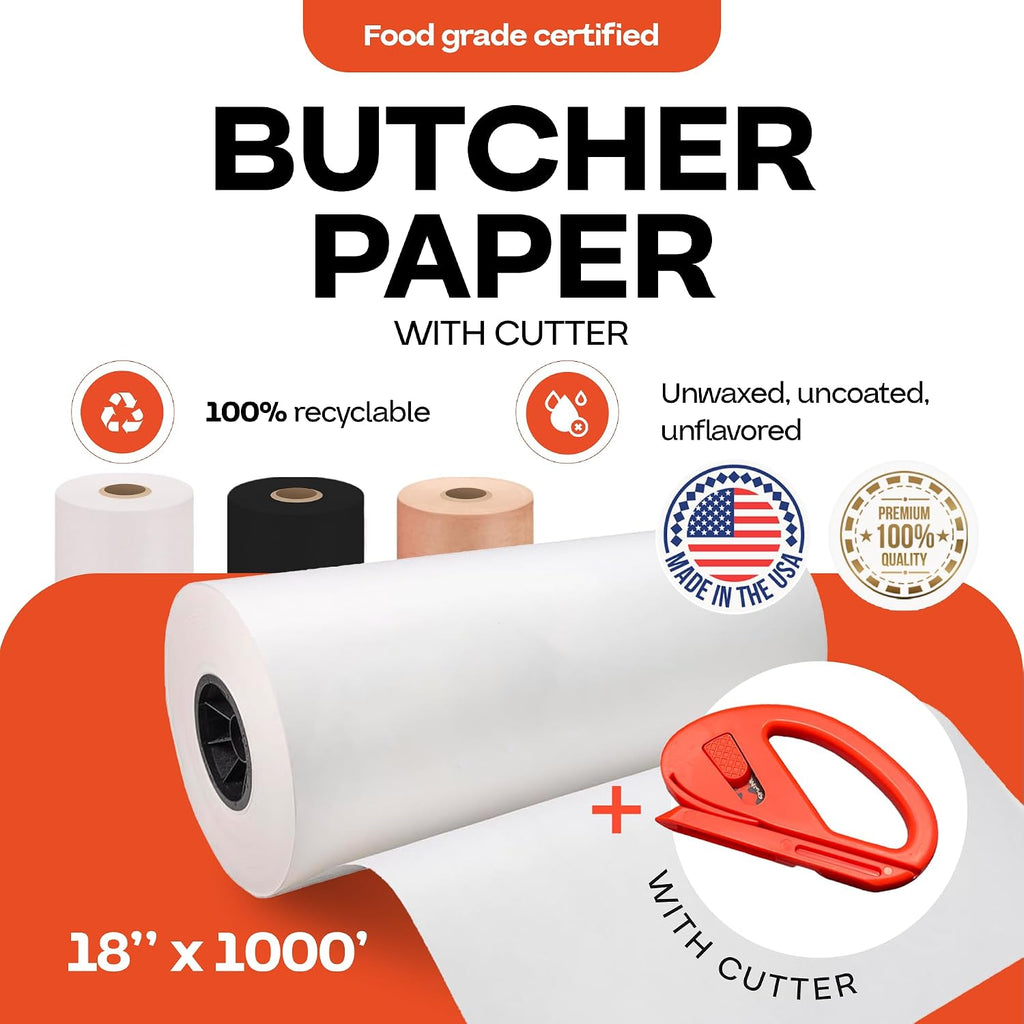 White Butcher Paper 18" x 12000" (1000 feet) with Cutter - USA-Made