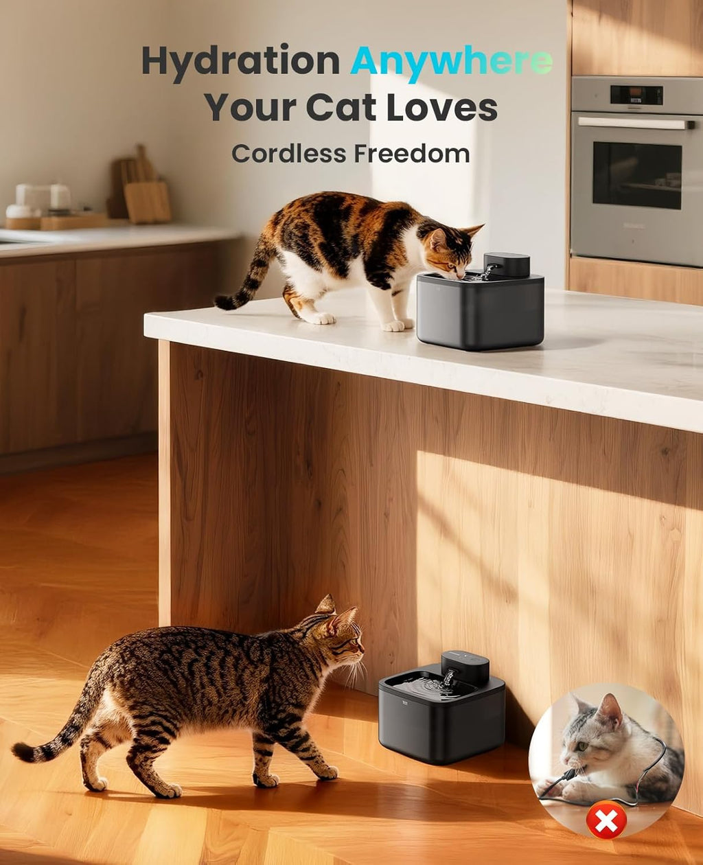 Wireless Cat Water Fountain: 74oz/2.2L Cordless Pet Water Fountains, 4000mAh Battery Operated Ultra-Quiet Integrated