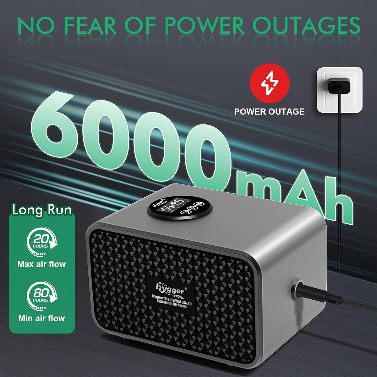 Aquarium Air Pump, USB Rechargeable Battery Powered Fish Tank Air Pump 6W/10W with LCD Display Dual Outlets