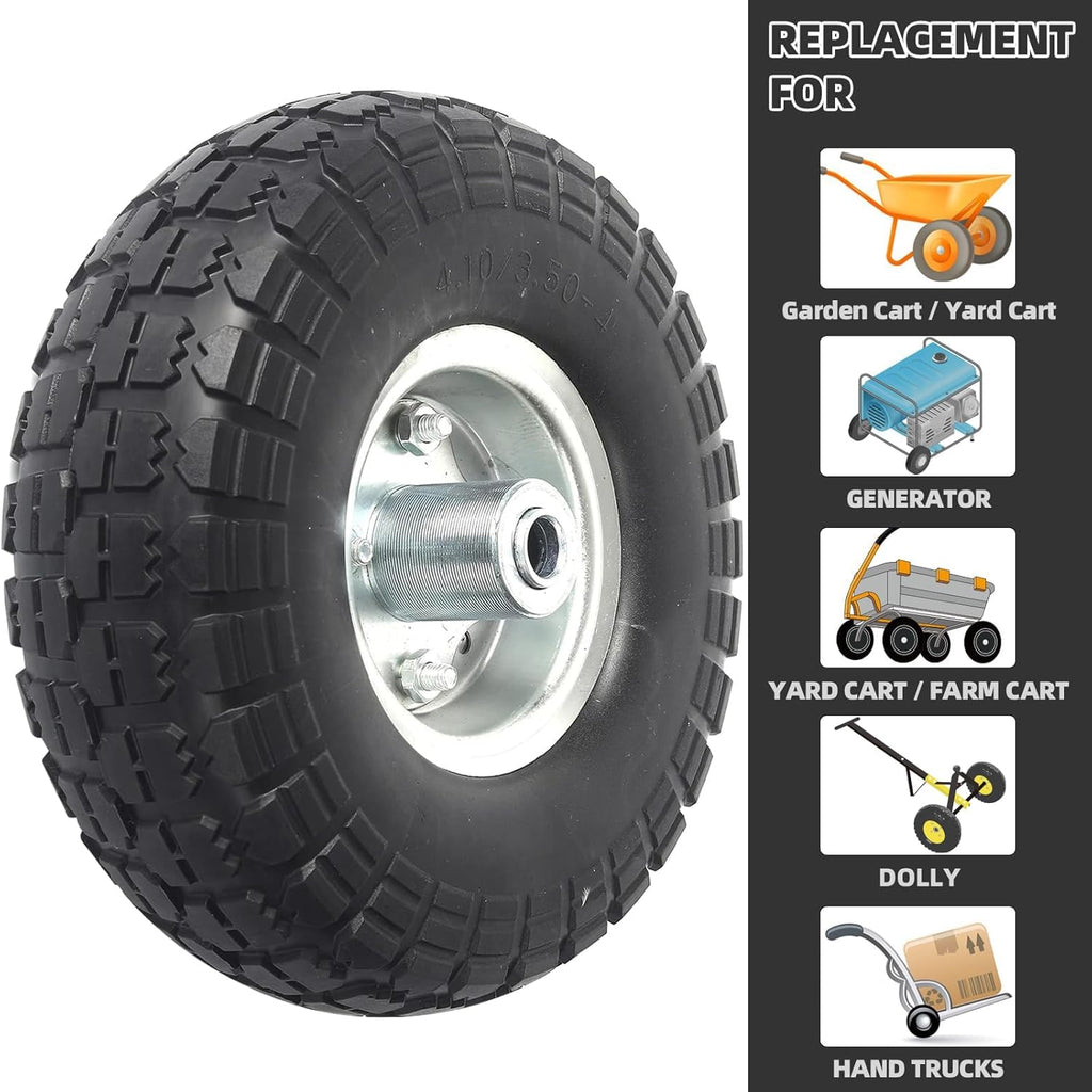 (4-Pack) 10-Inch Solid Rubber Tire Wheels - Replacement 4.10/3.50-4" Flat Free Tire with 5/8" Bearings, 2.2" Offset