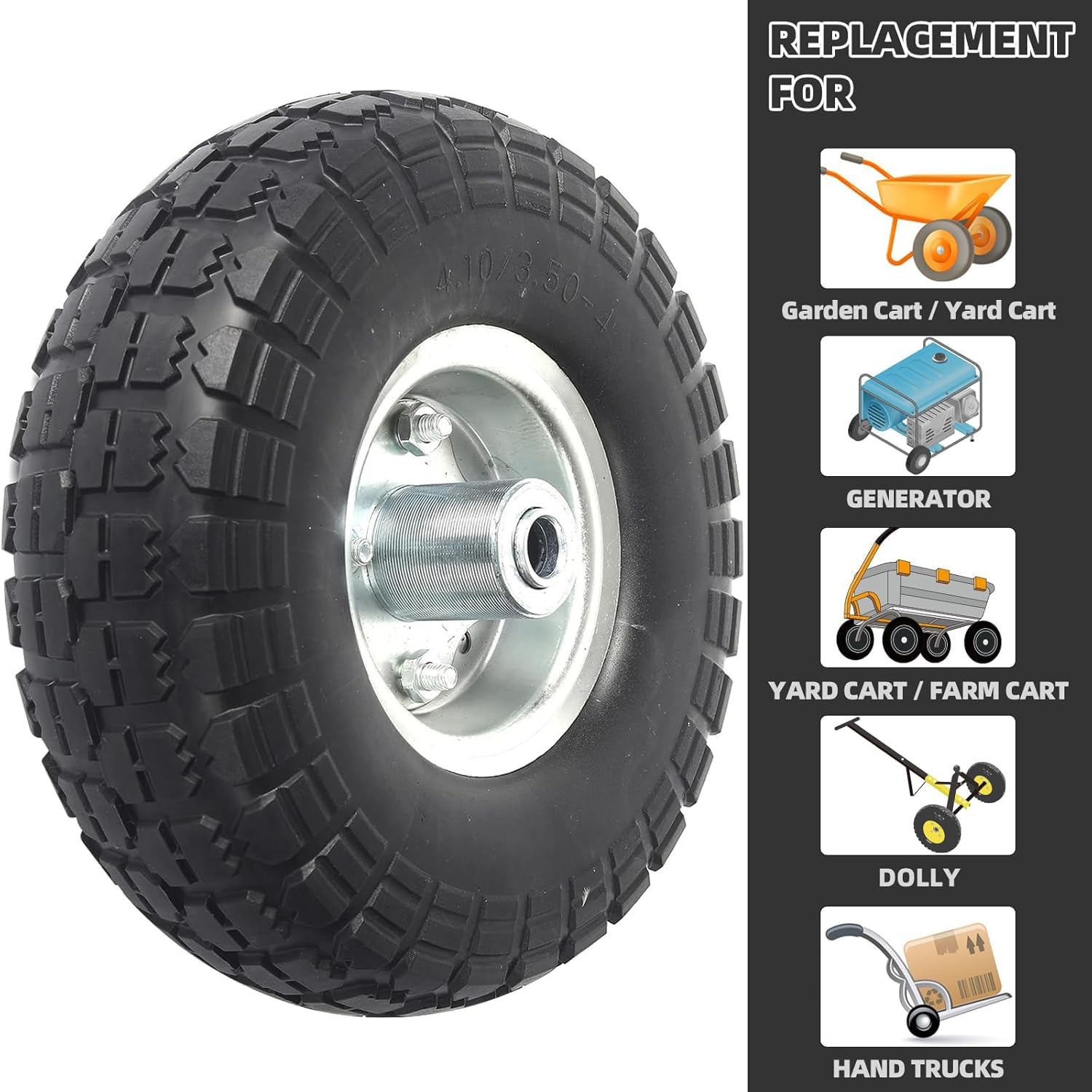 (4-Pack) 10-Inch Solid Rubber Tire Wheels - Replacement 4.10/3.50-4" Flat Free Tire with 5/8" Bearings, 2.2" Offset