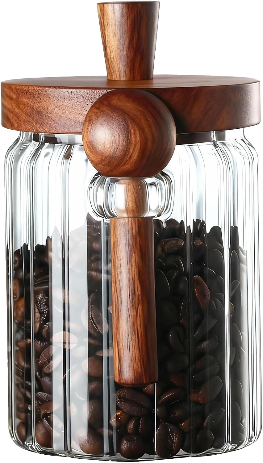 Coffee Canister, Coffee Container with Wooden Spoon and Lid, Ribbed Design, Airtight Storage Jar for Coffee