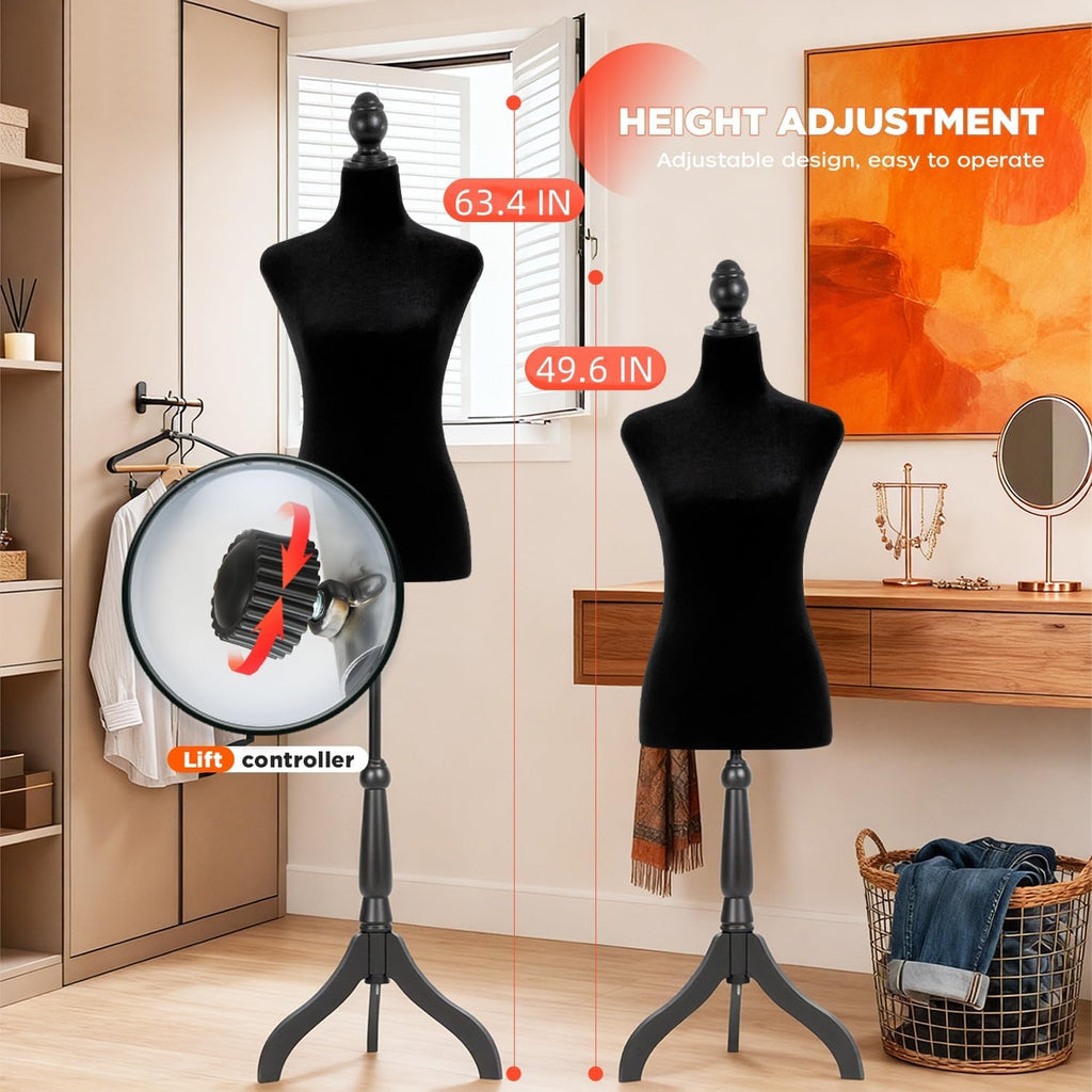 Female Mannequin Torso | Black | Lightweight | with 13.8" Height Adjustment, Dress Form Body with Wooden Tripod Base