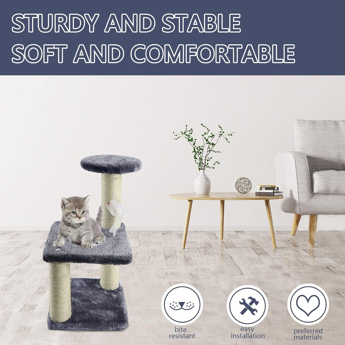 Small Cat Tree With Sisal Scratching Pole, Interactive Toys for Indoor Cats, Scratching Post, Easy Installation Tower