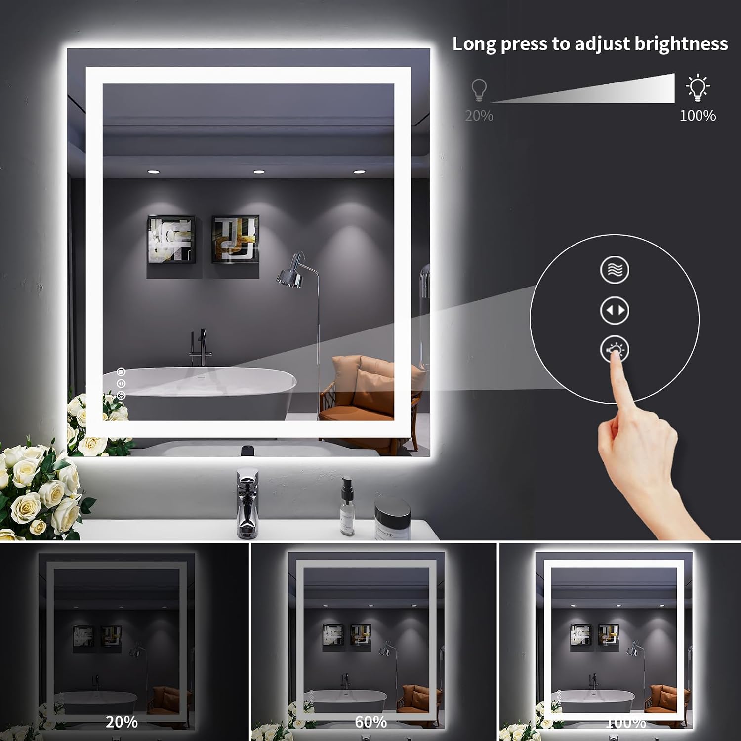 32"X36" LED Bathroom Mirror with Lights | Anti-Fog, Dimmable, 3 Color Temperature, Backlit + Front Lit, Memory