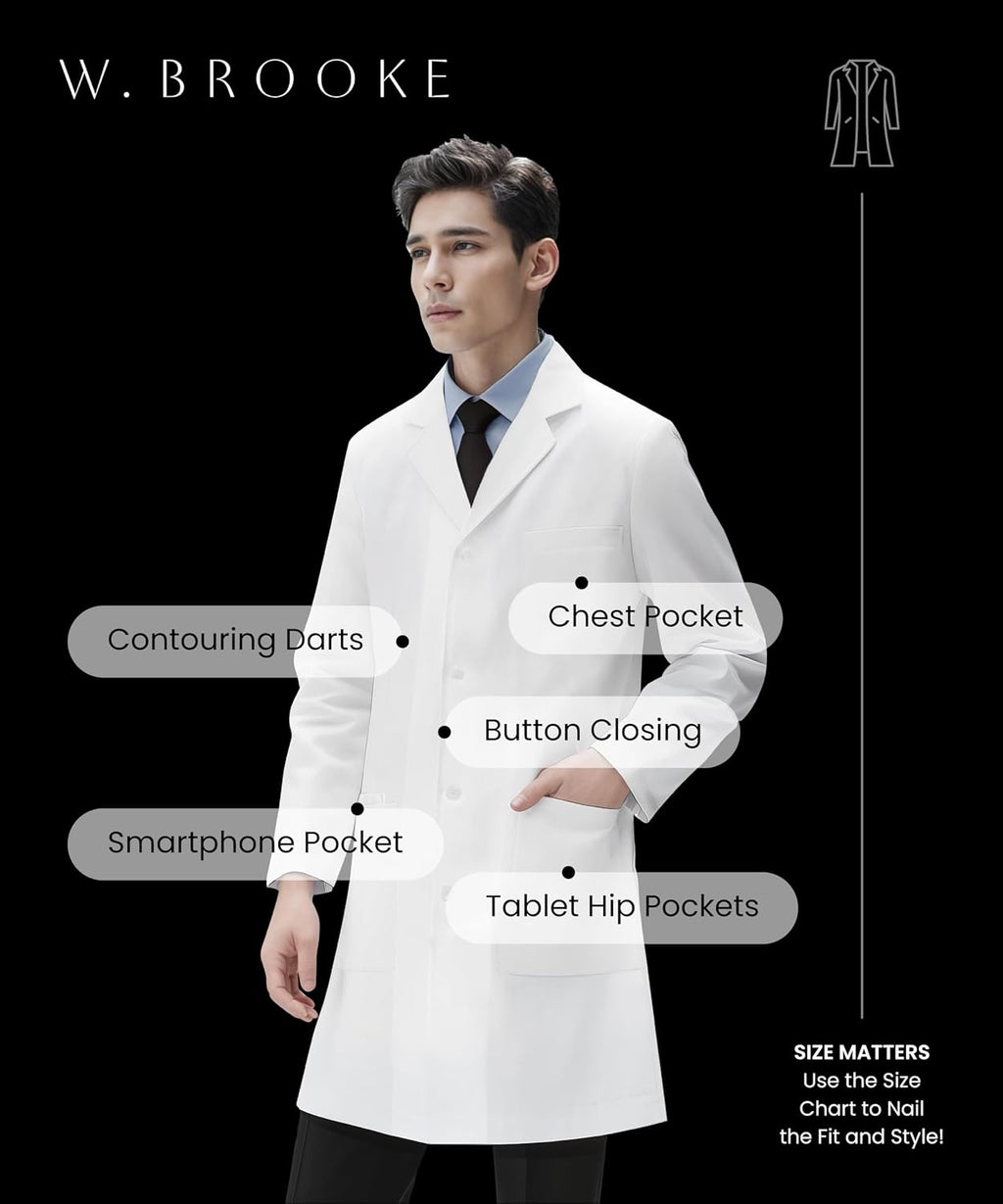 Men's Lab Coat, Slim Fit, Durable Fabric, Professional Medical White Coat, Smartphone & Tablet Pocket