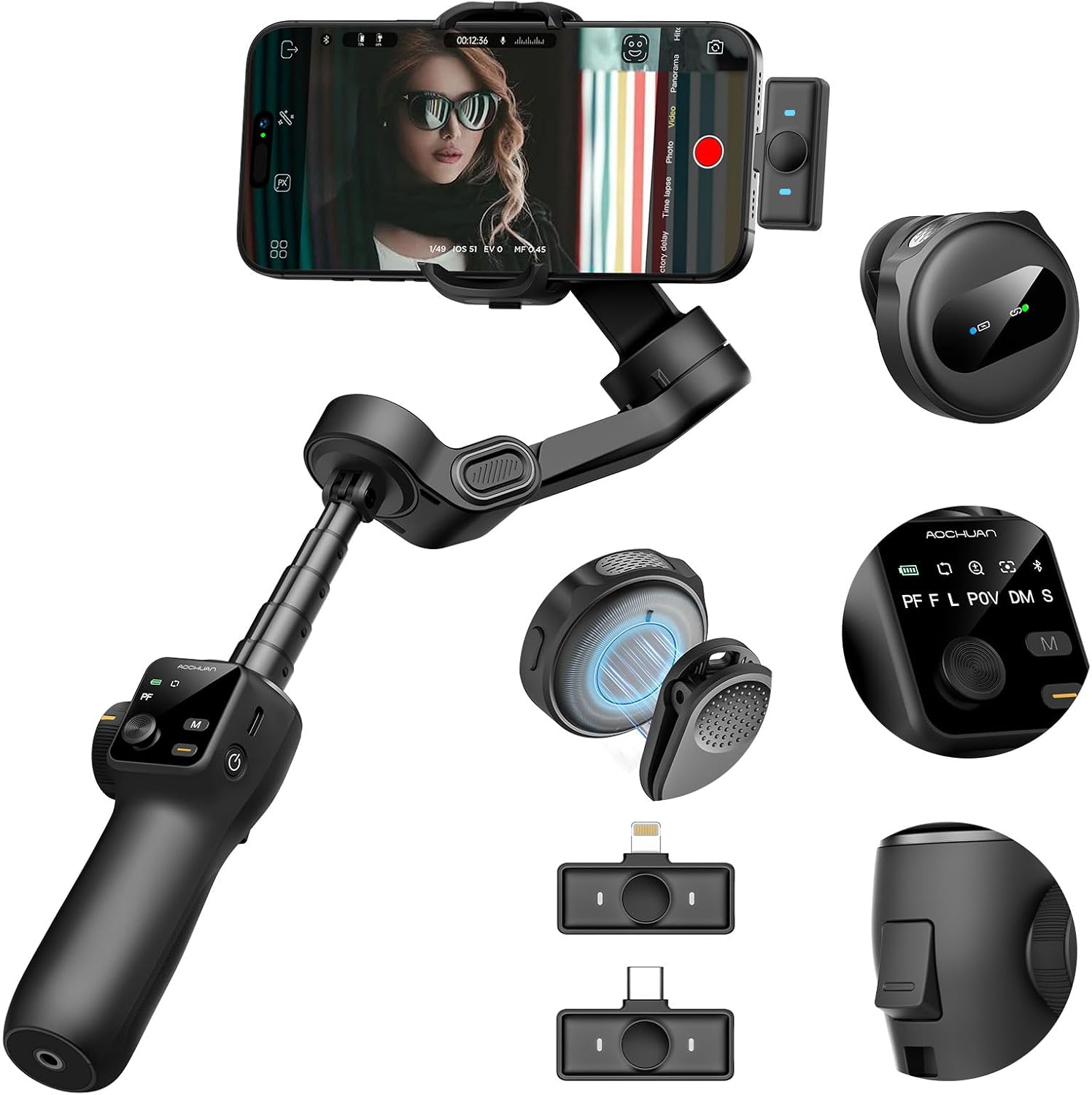3-Axis Gimbal Stabilizer for iPhone with Lavalier Mic(V8 Mic Kit) | Phone Gimbal with Lavalier Microphone, 7.8"