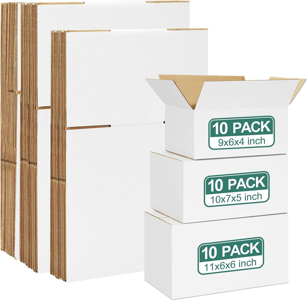 30 Pack Small Shipping Boxes Assorted Sizes, White Corrugated Box Mailers, 9x6x4 & 10x7x5 & 11x6x6 10 PCS Each Small