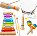 Montessori Wooden Musical Instruments for Toddlers, Educational Baby Drum Set with Xylophone & Maracas and More